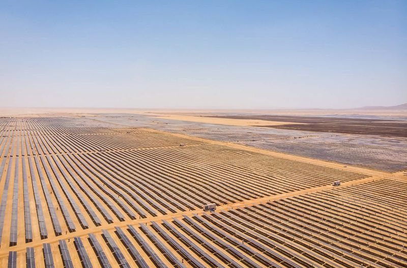 Aerial view of a large solar farm in the desert